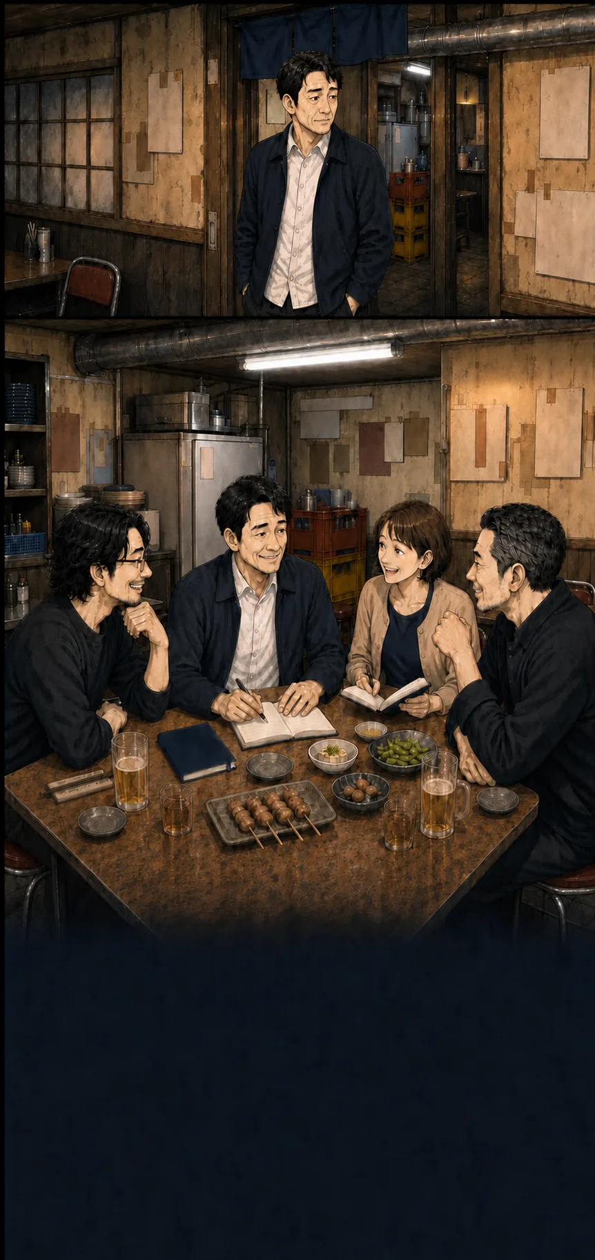 安い大衆居酒屋へ慎重な表情で訪れ、交流を通じて穏やかな笑顔になる店舗経営者
