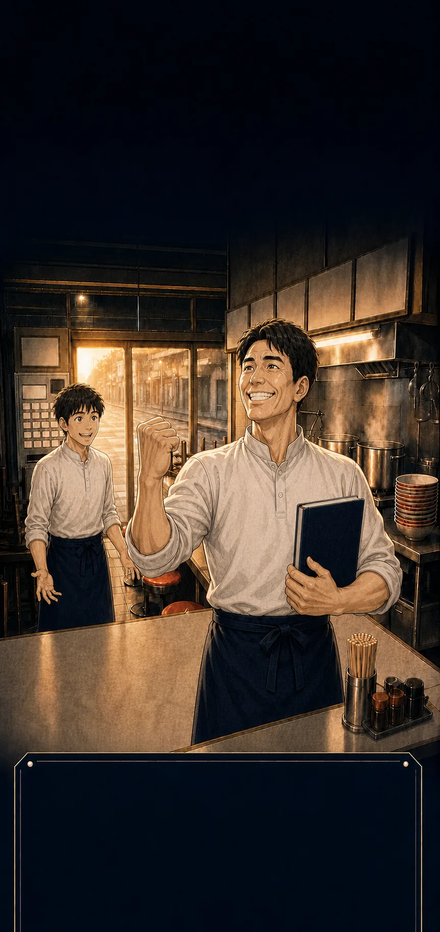 朝のラーメン店で歯を見せて満面に笑い、胸元に手帳を持ち、肩の高さで力強く拳を握る店主