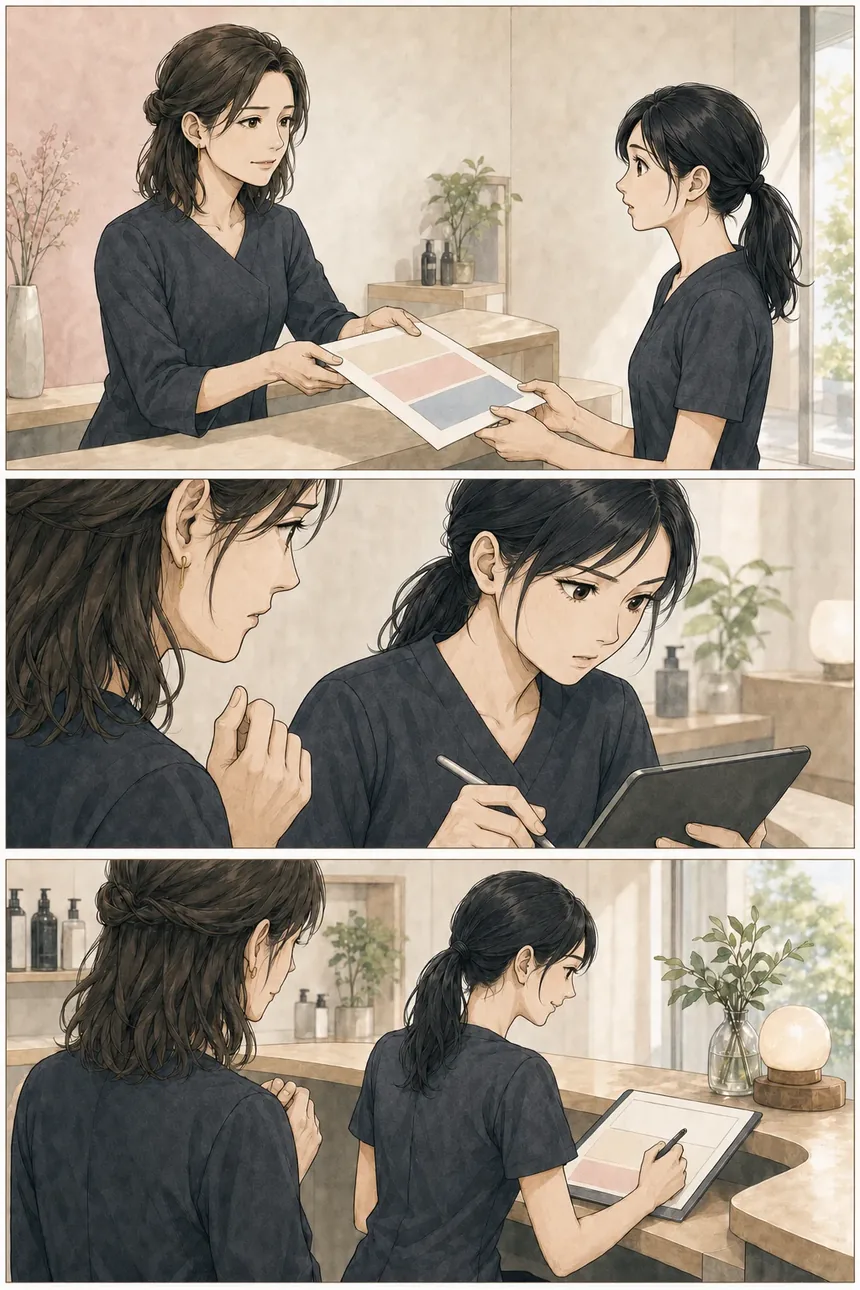 亜希が緊張しながら奈々へ権限表を手渡し、口を挟む手を止めて真剣な奈々の判断を見守る
