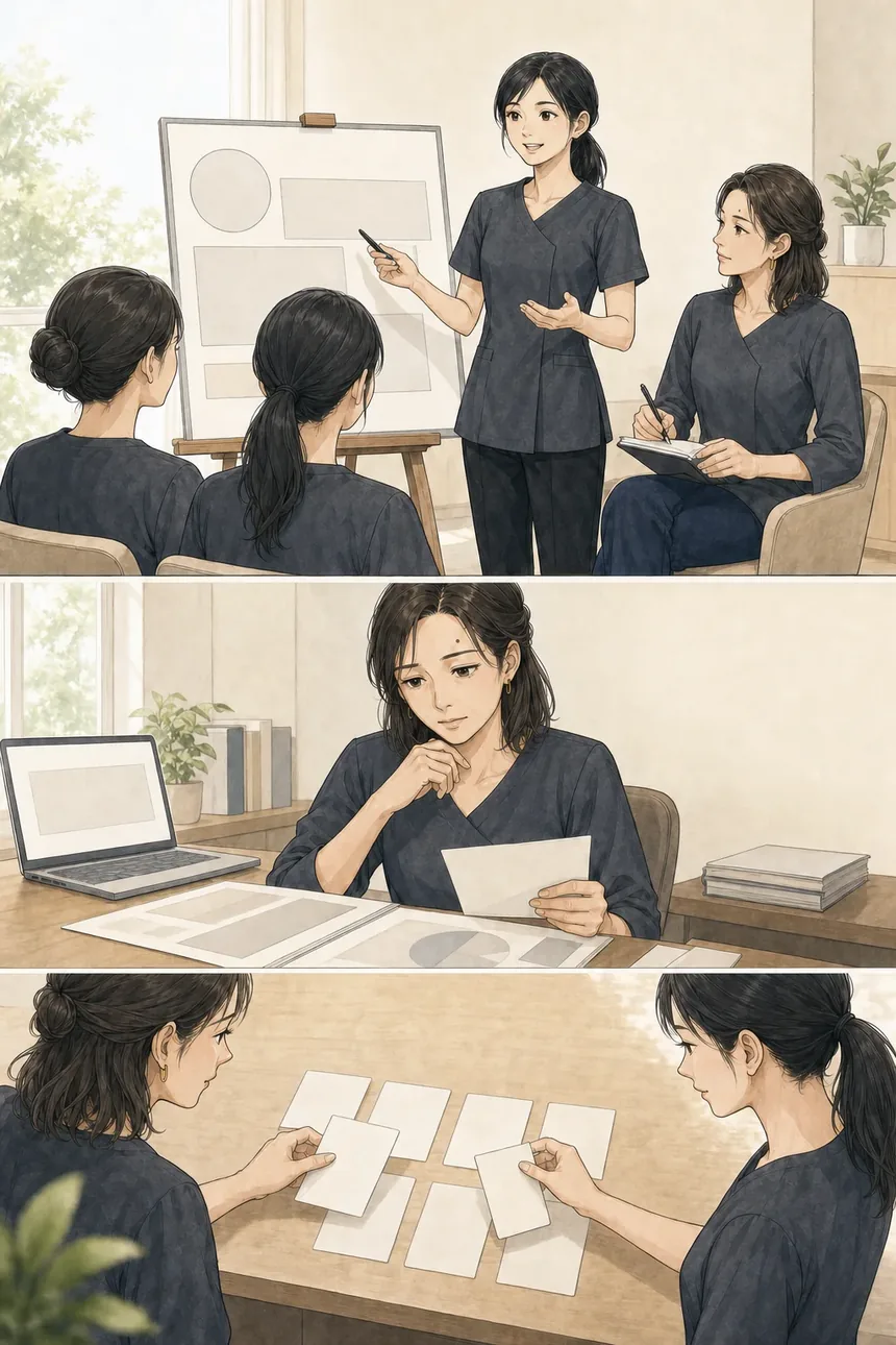 4週間の判断記録を奈々が説明し、亜希が数字と二号店条件を確認して二人で次の判断を選ぶ