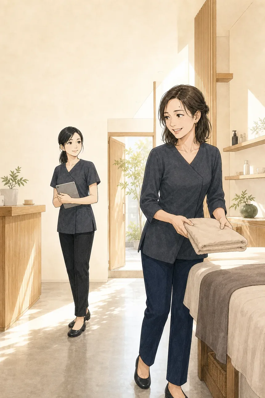 4週間実験の翌朝、亜希と奈々が明るいサロンで別々の開店準備を進める